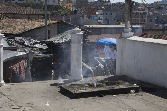 A low concrete slab used as a Mayan altar at the Calvary chapel, which is identical to the ones inside the Church of Saint Thomas.