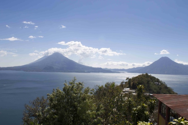 A view of Lake Atitlán, with the Atitlán Volcano to the left and the San Pedro Volcano to the right. 