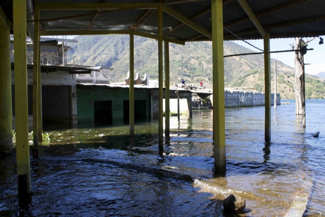 Buildings near the dock of Santiago that have been partially submerged because Lake Atitlán's water levels are on the rise.