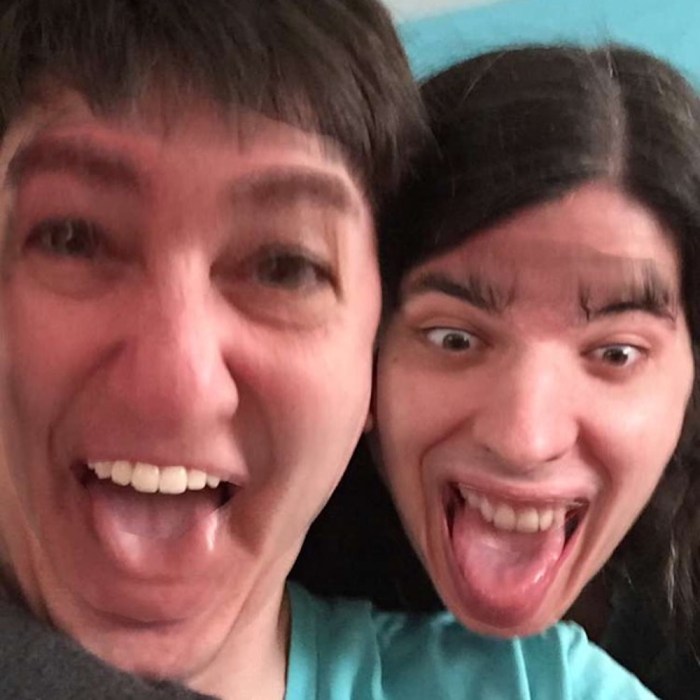 Deborah and Max swap their faces in an image using the Snapchat app