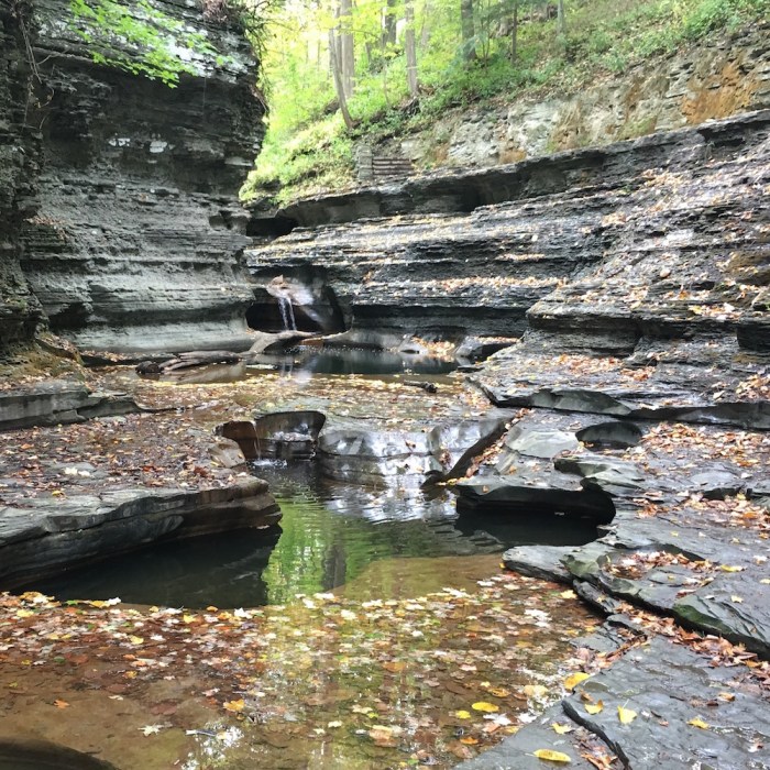 Low water and worn rock at Buttermilk Falls, Ithaca, New York